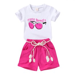 YOUNGER TREE Toddler Baby Girl Summer Clothes Sunglasses T-shirt Rose Red Solid Color Shorts with Belt Cute Girls Outfit Clothing (Sunglasses, 2-3 T)