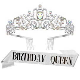 Birthday Sash For Women,Tiara For Women,Birthday Crown,Birthday Girl Sash,Birthday Tiara,Birthday Sash And Tiara,Birthday Queen Sash,Birthday Hinestone Headband Glitter Hair Accessorie (Silver)
