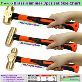 WEDO 3PCS Hammer Set,4lb Sledge Hammer,2lb Ball Pein Hammer,2lb Drum Type Hammer,Brass,Fiberglass Handle,Die-Forge,Corrosion Resistant
