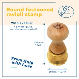 La Gondola Homemade Ravioli Stamp - Round Festooned 50mm | Italian Pasta Making Tool for Home and Business | Brass & Natural Wood | Sturdy & Easy to Use Ravioli Stamp | Ravioli Cutter Made in Italy