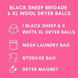 Woolee Wonders 6-Pack XL Organic Wool Dryer Balls - 100% New Zealand Wool, Reuse for 1000 Loads, Fair Trade, Handmade in Nepal, Dryer Balls Laundry Reusable, Black Sheep Dryer Balls, Mesh Laundry Bag