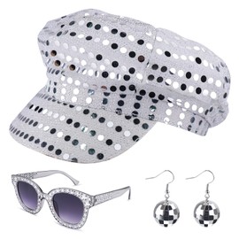 Dreamtop 3Pcs 70s Sequin Hat Silver Disco Hat for Adults Abba Hat 70s Disco Accessories with Sequins Hat Sunglasses Earrings Disco Costume Set for Women Theme Party Birthday Dance