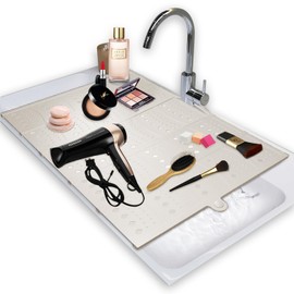 BRIAN & DANY Makeup Mat for Sink, Bathroom Sink Cover for Counter Space, Foldable Silicone Sink Mat Organizer Countertop RV Space Saver, Beige, 19.3" x 15.5"