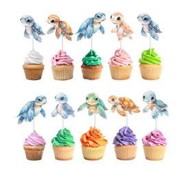 10 Pcs Sea Turtle Cupcake Toppers for Kids Birthday, Baby Shower, and Under the Sea Party – Ocean Animal Decorations for Cupcakes, Cakes, and Beach or Pool Party Supplies