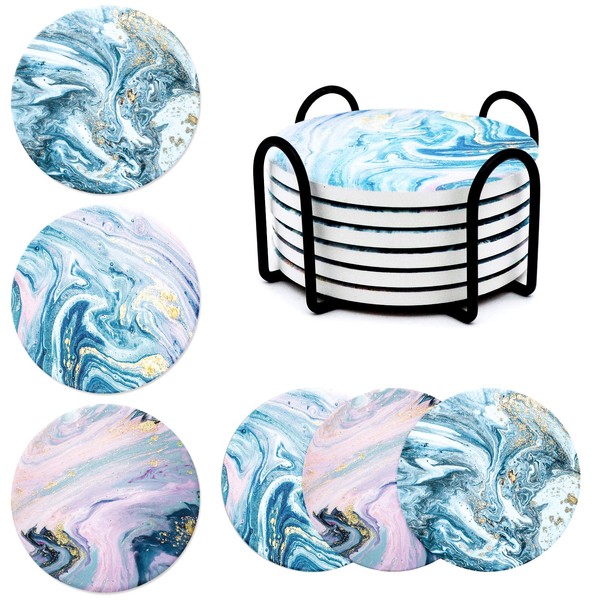 Absorbent Coasters for Drinks-Marble Gold Ocean Pattern Round Coaster Set with Cork Base, Metal Holder, Suitable for Kinds of Mugs and Cups Housewarming Gifts Apartment Kitchen Bar Décor, 6pcs Set