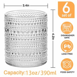 cosnou Glassware Set of 6, 13 OZ/390ml Hobnail Kitchen Glassware, Embossed Vintage Glass for Water, Cocktail, Soda, Beverage, Juice