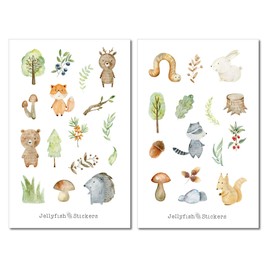 6 Stickerbögen Baby Waldtiere Sticker Set - Journal Sticker, Planer Sticker, niedlich, süß, Sticker für Kinder, Baby, Kind, Wald, Fuchs, Bär, Eule, Hase, Eichhörnchen, Babyalbum