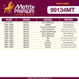 Metrix Premium Chassis Parts - 2 PC Front Inner Tie Rod End Kit Fits 95-17 Nissan Tsuru (Mexico), 95-98 200SX, 93-04 Tsubame (Mexico), 91-93 NX, 91-99 Sentra, Replacement EV322, Made in Europe