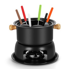 Cast Iron Cheese Fondue Pot Set,Cheese Chocolate Fondue Pot with 6 Color Forks,Camping Fondue Set French Fondue Kit for 4-6 People,Black