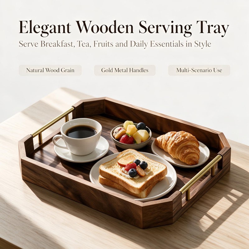 Wooden Serving Tray with Metal Handles, Acacia Wood Rectangular Decorative