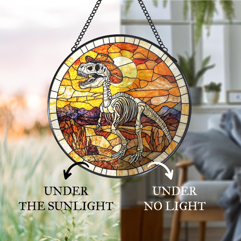 Western Dinosaur Stained Glass Window Hanging Suncatcher, Prehistoric Dino Fossils