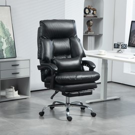 HOMCOM Overstuffed Executive Office Chair, High Back Desk Chair with Swivel Wheels, Foot Rest, Thick Padded, Reclining PU Leather Computer Chair, Black