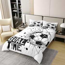 Kids Football 100% Washed Cotton Comforter Cover Single American Soccer Bedding Set Sports Games Duvet Cover for Boys Girls Children Teens Geometric Polygon Quilt Cover for Bedroom,Black White