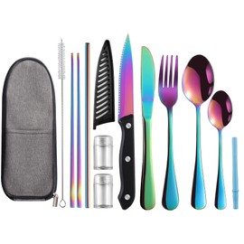 Logcow Portable Travel Utensils Set,Reusable Utensils,Travel Camping Cutlery Set,Stainless Steel Flatware Set with Case,Lunch Boxes Workplace Camping School Picnic (Rainbow)