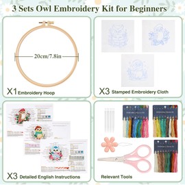 ASTNIC 3 Sets Embroidery Kit for Beginner Adults and Kids,Embroidery Material Practice Set,Cross Stitch Set with Owl and Flower Embroidery Patterns, Embroidery Sets with Hoop,Instructions, DIY Crafts
