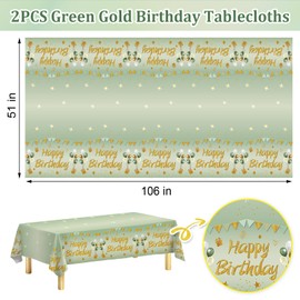 2Pcs Sage Green Birthday Tablecloth Decorations for Women Girls, Light Green Happy Birthday Table Cover Party Supplies, 13th 16th 21st 30th 40th 50th Bday Plastic Disposable Rectangular Table Cloth