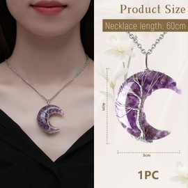 Kotkiddy Crystal Necklace, Tree Life Wire Wrapped Crescent Moon Amethyst Necklace, Natural Stone Pendant Necklaces, Gemstone Jewellery Gifts, Purple