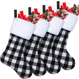Skylety 20 Inch Christmas Stockings Plaid Stocking Faux Fur Cuff Stocking Fireplace Hanging Stockings for Family Holiday Xmas Party Decorations (Black and White, 4)