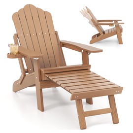 Giantex Folding Adirondack Chair, All-Weather Lounge Chair with Adjustable Backrest, Retractable Ottoman, Cup Holder, HIPS Fire Pit Chair for Lawn, Pool, Patio, Porch (1, Brown)