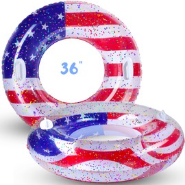 Leitee 2 Pcs Patriotic Inflatable Pool Float Tube with Handles USA Flag Inflatable Pool Float with Confetti Design Swimming Ring Float Summer Floaties for Adults Kid Beach Party (36 inch)