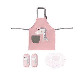 1 Piece Pink Ponytail Apron with 1 Pair of Pink Sleeves and 1 Piece Water Drop Hair Cap, Children's Apron Set, Adjustable Waterproof Apron, Baby Dining Smock, Suitable for Crafts, Painting, Cooking,
