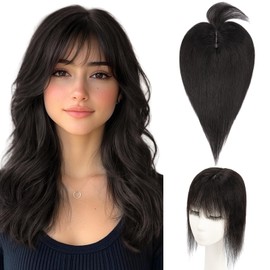 Hairro Human Hair Topper with Wispy Bangs, Clips on 360° 3D Cover Real Hairpieces Lightweight, 2.25"x6" Base for Women with High Hairline/Thinning Hair, 12 Inch Natural Black Bangs
