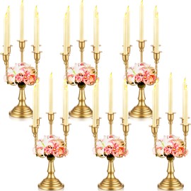 Rtteri 6 Pcs Gold Candelabra Candlestick Holder 5 Arm Metal Candle Stand Candelabra for Taper Candles for Table Centerpieces Wedding Christmas Holiday Birthday Party (11.8 x 9.45 x 4.1 Inch)