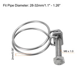 sourcing map 6Pcs Double Wire Hose Clamp, 28-32mm Adjustable Stainless Steel Wire Hose Clips with M6 Bolt for Dust Collection Hose, Pump Hose Pipe