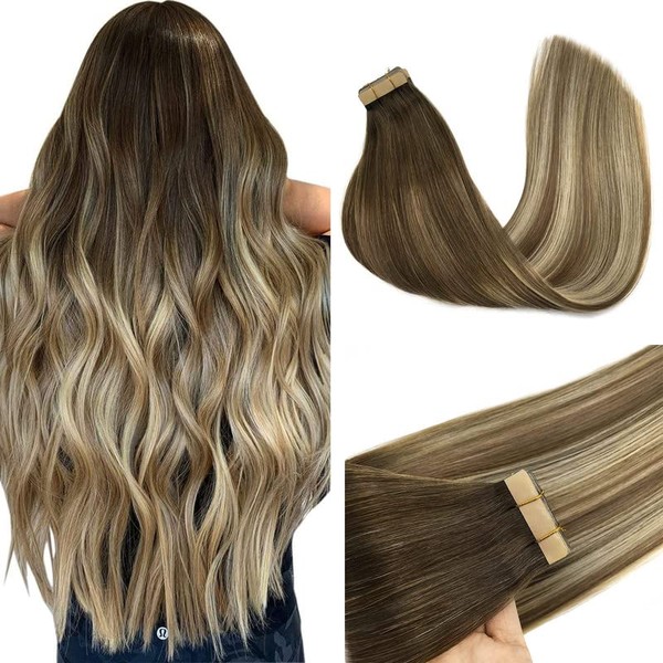 GOO GOO Blonde Tape in Hair Extensions 22 Inch Walnut Brown to Ash Brown and Bleach Blonde Remy Human Hair Extensions Tape in Hair Extensions Human Hair 20pcs 50g Long Brown Hair Extensions
