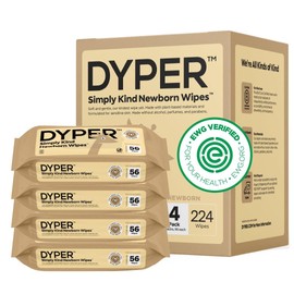 DYPER - Newborn Baby Wipes - 99.9% Water, 100% Plant-Based, Unscented & Hypoallergenic, Soft for Sensitive Skin, Plastic-Free, Honest Ingredients - 4 Pack (224 Wipes)