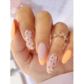 Salon Quality Elegant False Nails 24pcs Fancy Press On Nail incl. 1 sheet tape (Orange Floral Oval French Tip)