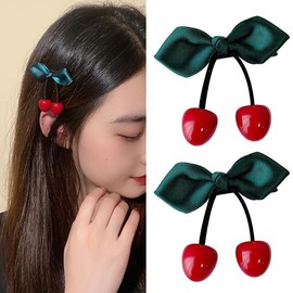TUCEWP Cherry Hair Clip for Women Girls Kids 2Pcs Cute Red Cherry Hair Pins Nonslip Satin Bow Hair Barrette Snap Sweet Metal Alligator Clips for Long Thick Hair Trendy Lovely Cherry Hair Accessories