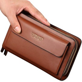 portafolios grande de piel larga para hombre, portafolios de viaje, pasaporte, negocios, teléfono celular, tarjetero de crédito, para papá, marido (café)