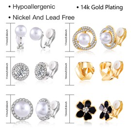 ASH'S CHOICE Clip on Earrings for Women, 6 Pairs Hypoallergenic Non Pierced Clip Earrings Set Rose Pearl Twist Knot Clip CZ Rhinestone Flowers Clip on Earrings, Fashion Clip Earrings Jewelry