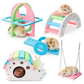5 Pcs Hamster Toys Set Rainbow, DIY Hamster Hideout House Rainbow Bridge Swing and Seesaw, Pet Sport Exercise Toys Set Hamster Cage Accessories for Gerbil Mouse and Small Pets (S)