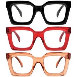 REAVEE 3 Pack Oprah Style Oversized Reading Glasses for Women Men, Blue Light Blocking Computer Thick Frame stylish Square Readers with Spring Hinge((Black/Red/Brown, 2.25)