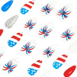 Mkwntg 24Pcs Independence Day Press on Nails Medium Almond Fake Nails with Colorful Glitter Firework Design American Flag False Nails 4th of July Glue on Nails Red Blue Silver Stick on Nails for Women