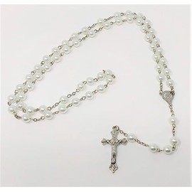 White Glass Rosary Beads with Silver Metal Crucifix by Sterling Effectz