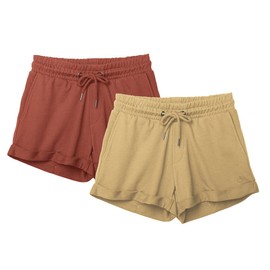 icyzone Pantalones cortos de entrenamiento para mujer, pantalones cortos deportivos de algod n para correr y correr (paquete de 2), Caqui/caf Cobre, M