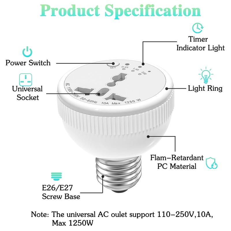 E26/E27 Light Socket Outlet Adapter with 3 Auto-Off Smart Timer