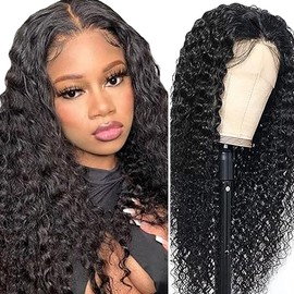 Shoaiye 13 x 4 Lace Front Real Hair Wig, Women's Deep Wave Human Hair Wig, Wear and Go Glueless Remy Pre-Plucked Natural Hairline, 150% Density, Natural Black Colour, for Woman, 56 cm/55.8 cm