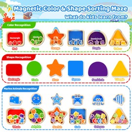 FCSONU Magnetic Color & Shape Maze, Toddler Montessori Toys for 3 4 5 Years Old Boy Girl Birthday Gifts, Wooden Preschool Educational Magnetic Puzzles Board for Kids, Color Shape Sorting Magnet Toys