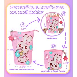JMHACHY Standing Pencil Case for Kids - Back to School Stuff, Bunny Telescopic Zipper Pencil Case Aesthetic, Large Capacity Stand up Pen Bag, Portable Pen Holder, Study Supplies for Students
