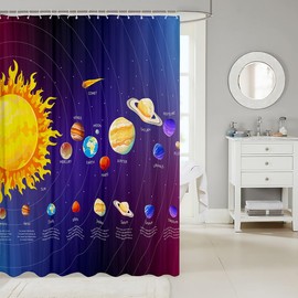 jejeloiu Solar System Bath Curtain Outer Space Shower Curtain for Kids Universe Planets Bathroom Shower Curtain Set Polyester Galaxy Blue Purple Decor Kids Bathroom Accessories 72"x84"