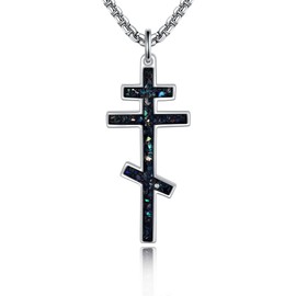 HUKKUN Orthodox Cross Necklace Sterling Silver Abalone Shell Russian Eastern Orthodox Jewelry Gift for Men