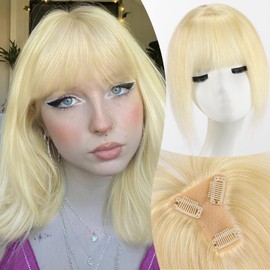 EMMOR 10 Inch Clip in Bangs, 100% Human Hair Bangs Hair Clip with 3 Secure Clips, 360°Cover Top HairPieces with Wispy Fringes for Women enhancing Facial Features(Light Blonde)
