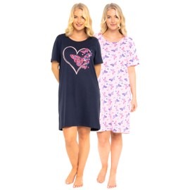 Womens Pack of 2 Short Sleeved 100% Cotton Jersey Nightshirts. Butterfly, Heart, Stag, Bee, Campervan Print Designs (SUMMER HEART NAVY, 20-22)