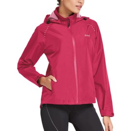 BALEAF Women's Rain Jackets Waterproof Running Windbreaker Windproof Lightweight Cycling Jackets Reflective Packable Hooded Rosy XL