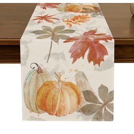 Watercolor Pumpkin Fall Table Runner 13x72 Inch Maple Leaf Harvest Autumn Thanksgiving Holiday Dining Room Kitchen Table Decor for Indoor Outdoor Home Party Decoration ZQ51