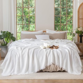 MooMee Muslin Blanket - 100% Cotton 4-Layer Gauze Throw Blanket with All-Around Fringe, Ultra-Soft Breathable Lightweight Cooling Decorative for Bed, Sofa & Couch (Bright White,Super King 108" x 98")